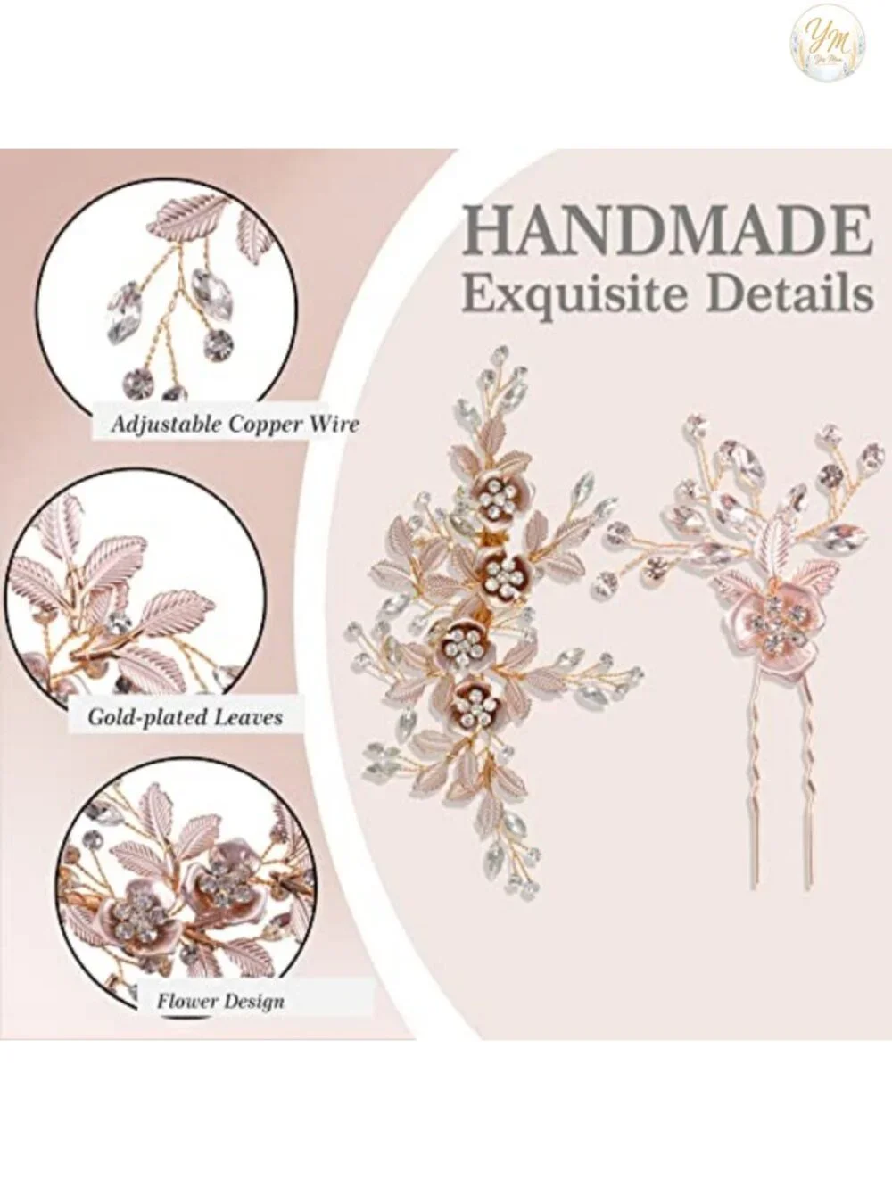 4PC Bridal Rose Gold Hair Accessories Rhinestone Flower Barrette Wedding Hair